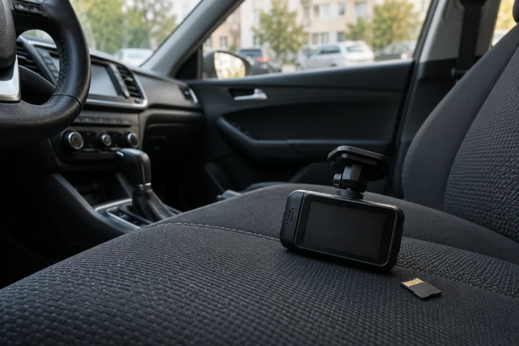 Видеорегистратор и карта памяти лежат на пассажирском сиденье автомобиля